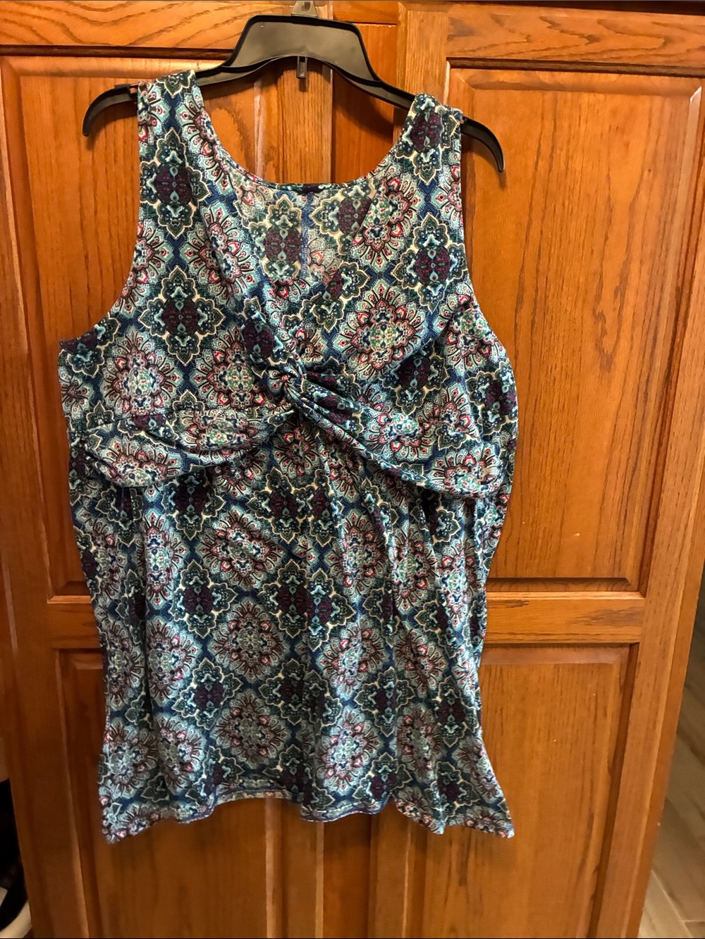 Twist-Front Mosaic Print Tank Top in Teal and Navy size 2XL